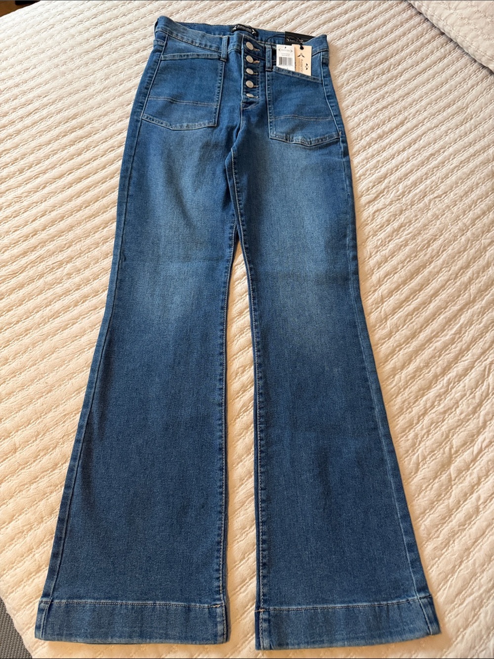Nanette Lepore Jolie High-Rise Flare Designer Blue Jeans 6 Love the Hem ❤️